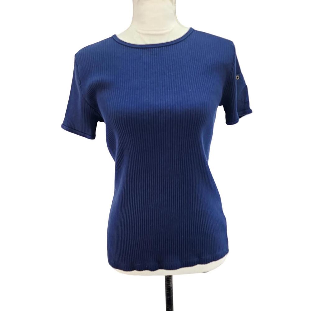 Vtg Lauren Jeans Co. Ralph Lauren. Navy Blue Knit Cotton Short Sleeve Top. M